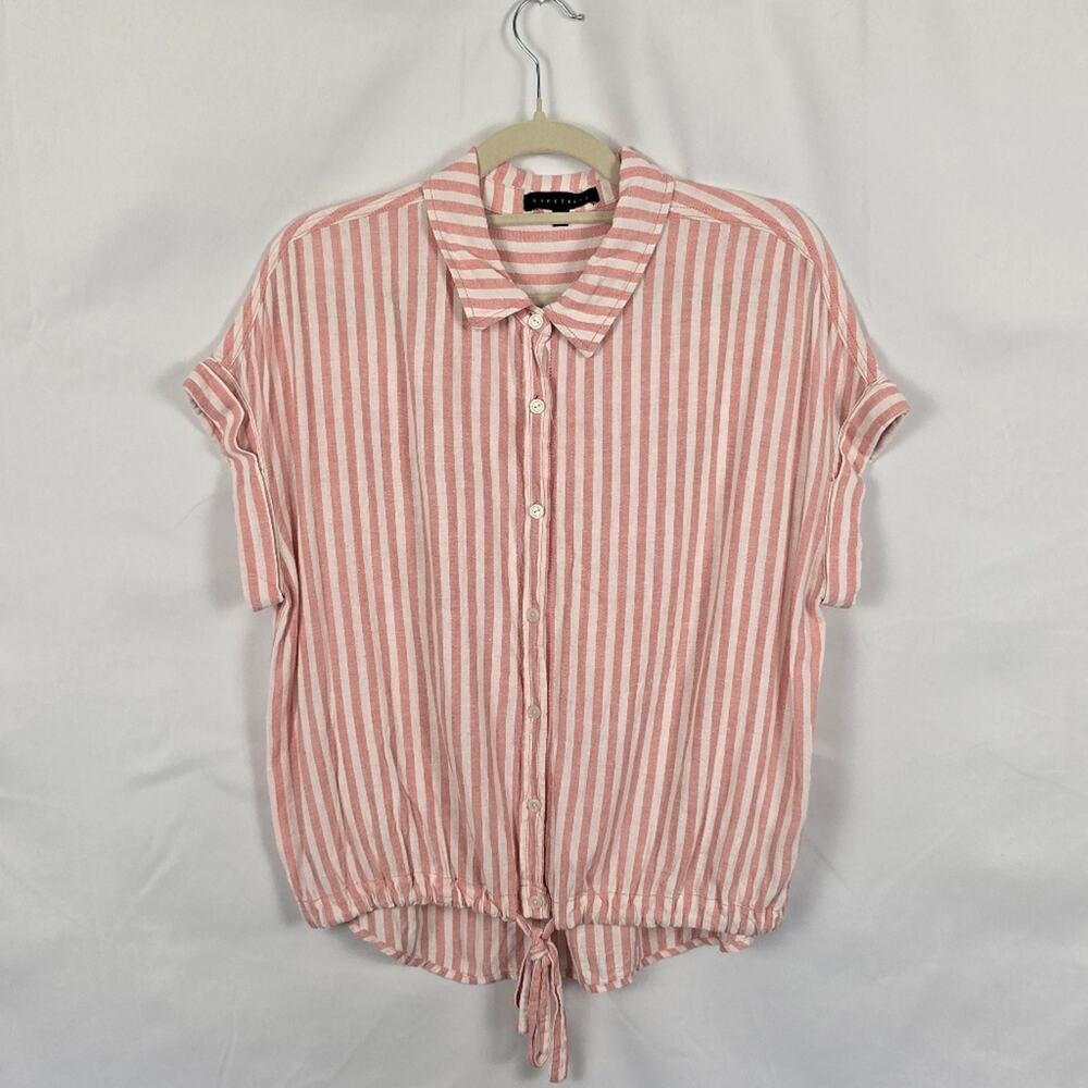 Sanctuary Pink White Striped Linen Blend Tie Hem Top Size M
